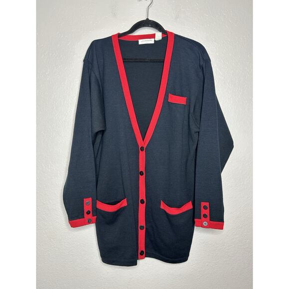 Vintage Liz Claiborne Collection Navy Red Cardigan Lambs Wool Academia Classic L - Picture 1 of 9